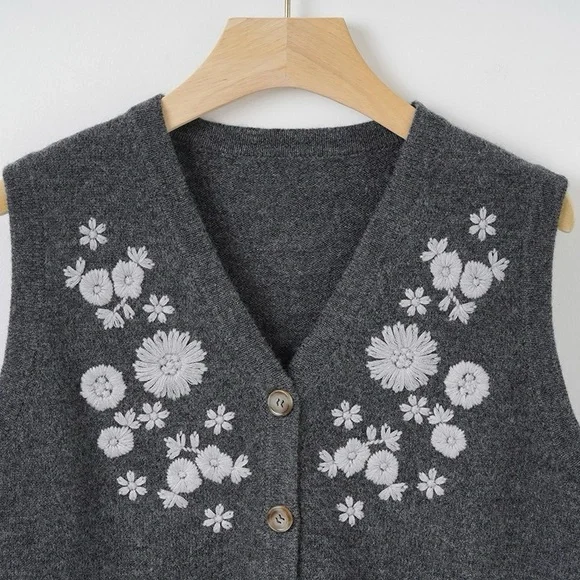 Grey 100% Wool Embroidered Vest – Button Front, Minimal Style - Picture 5 of 8